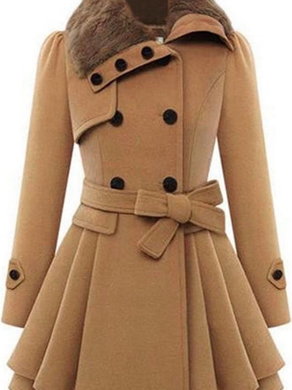 Women's Camel Belted Wool-Blend Coat with Faux Fur Collar